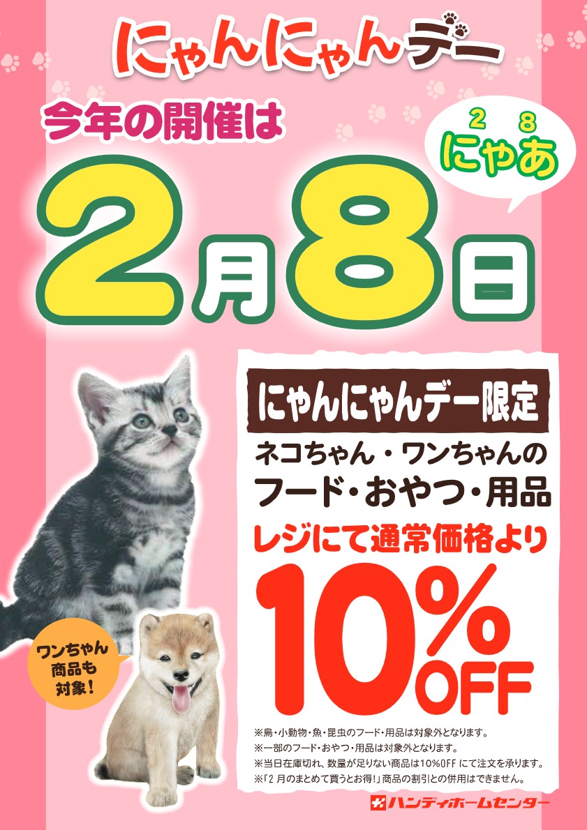 2月8日 にゃんにゃんデー開催！犬猫おやつ、フード、用品が10%OFF！！
